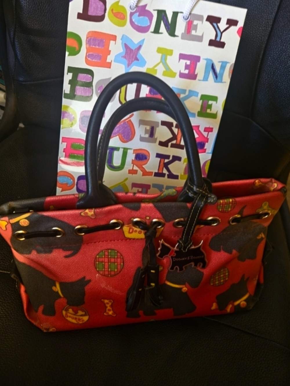 Dooney & Bourke Red Scottie Dog Pattern Tote with Black Handles And Charm